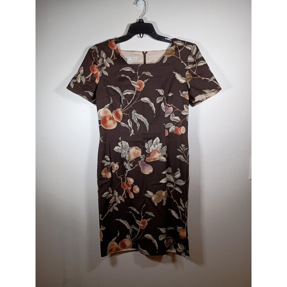 Vintage Maggy London Brown Shift Floral Cotton USA Square Neck Dress Size 10 - Picture 1 of 6